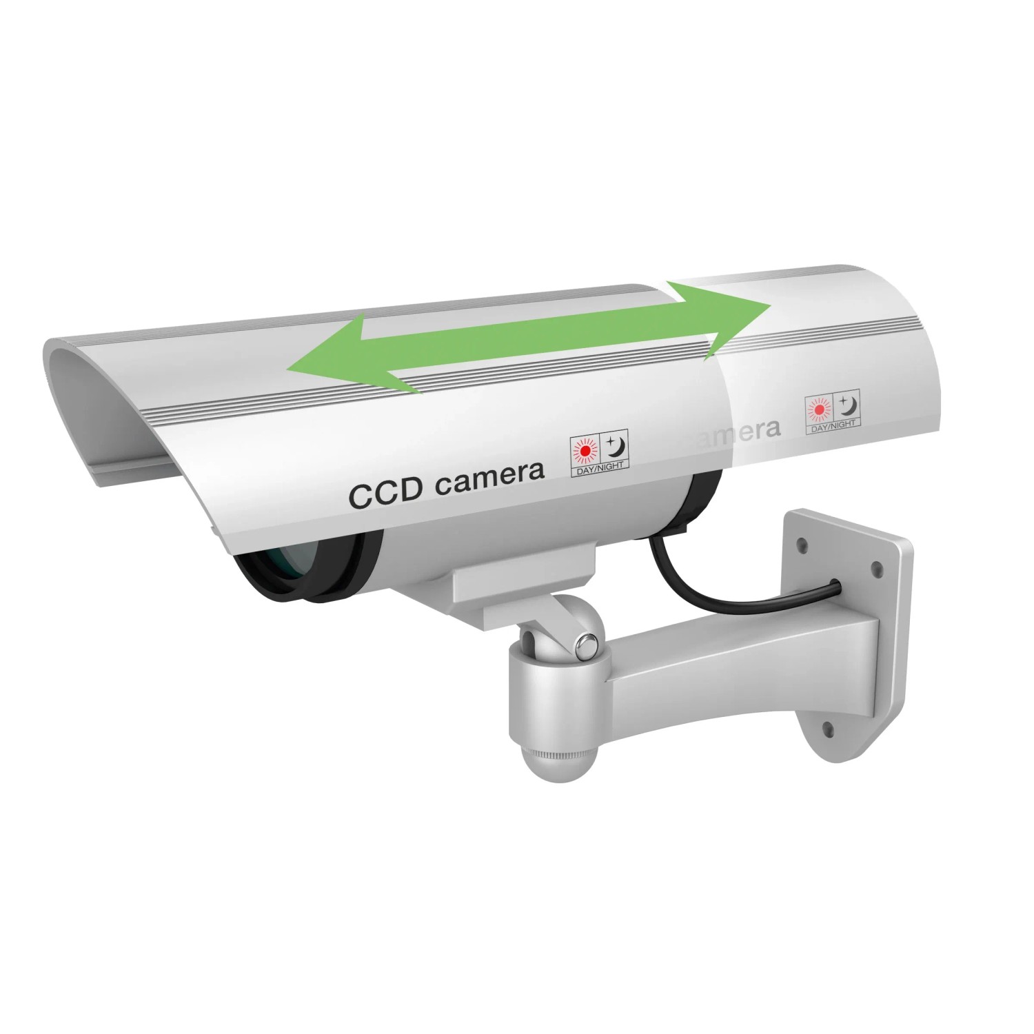 Basi Kamera-Attrappe KA 300 in Silber mit blinkender LED und Wandhalterung.